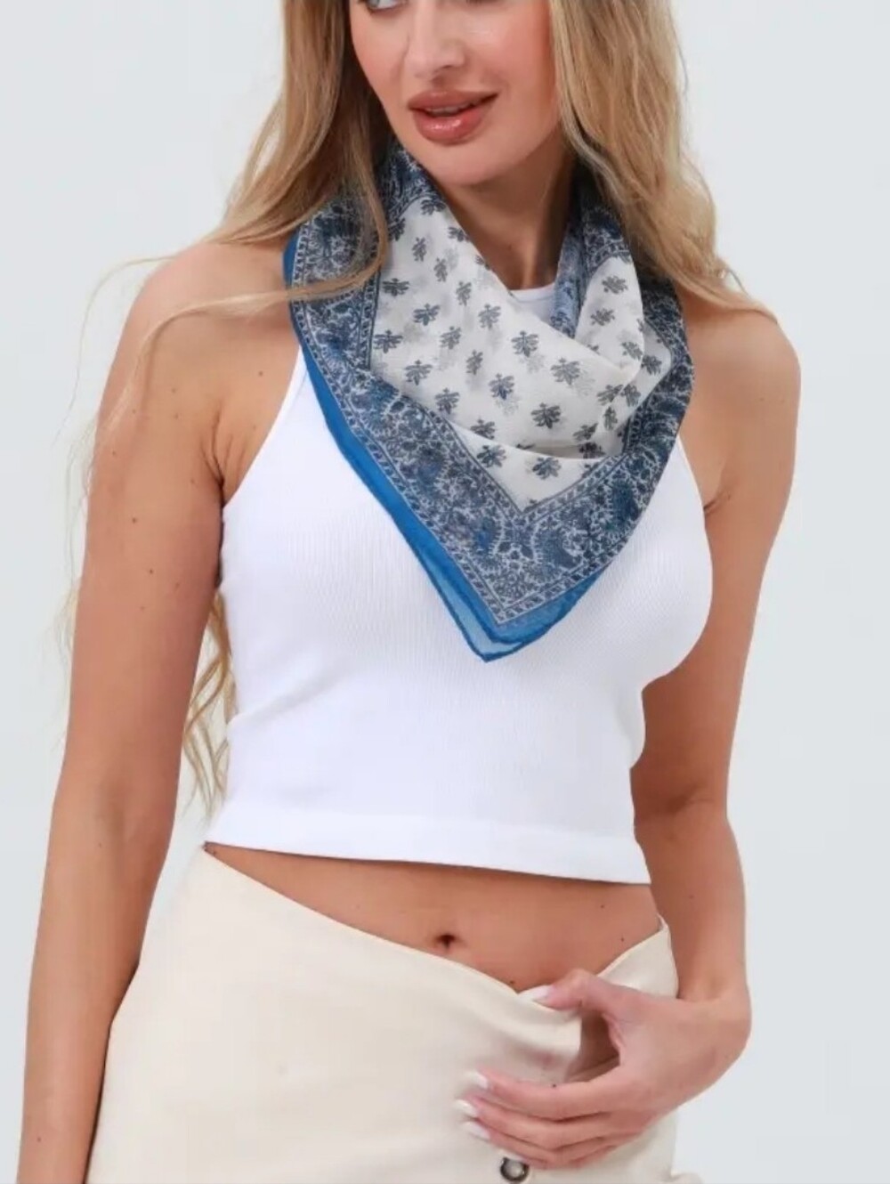 Blue and White Printed Cotton Bandana Scarf - Classic Paisley